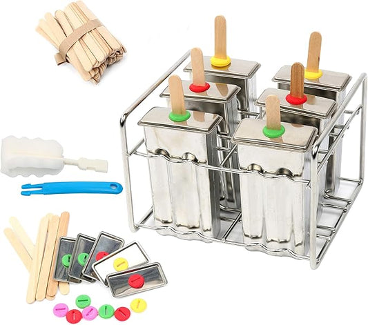 Set of 6 Stainless Steel Popsicle Mold and Rack Set - Homemade Ice Treat Makerwith 50 Wooden Sticks and 6 Silicone Seals and Bonus Cleaning Brush