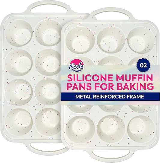 RICCLE Silicone Muffin Pans for Baking with Metal Reinforced Frame, 12-Cup Cupcake Pan, 2 Pcs Muffin Trays for Cupcake Baking, Tray Molds, Oven & Dishwasher Safe, BPA-Free (2 x Regular)