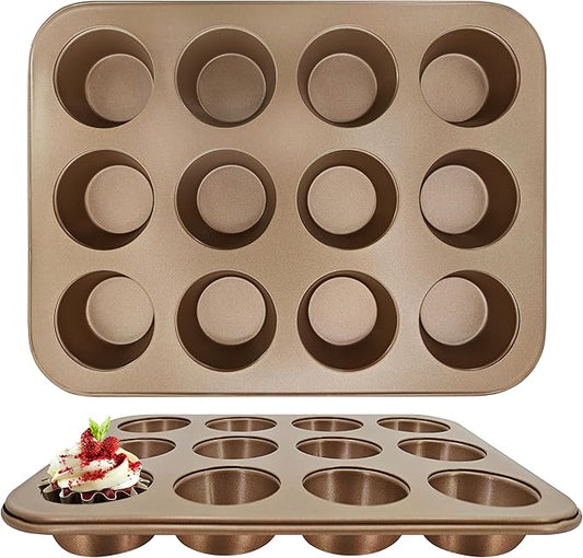 Satax Muffin Pan for Baking, Nonstick Cupcake Tin 12 Cup,sets of 2,Heavy Duty Steel Muffin Pan (Gold, 12-cup)