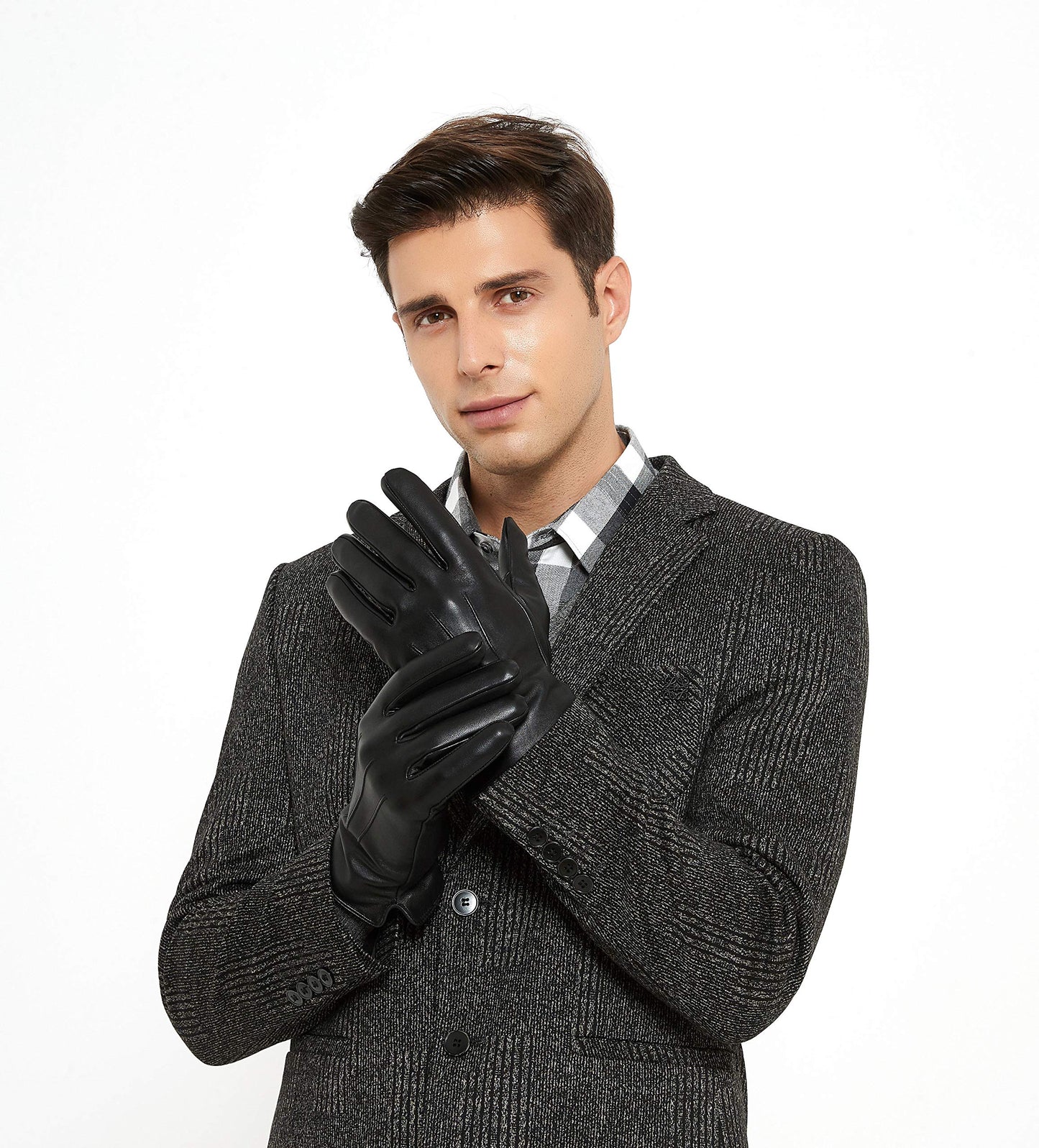 ZLUXURQ Luxury Mens Leather Gloves Cashmere Lined-Soft Comfortable Lambskin