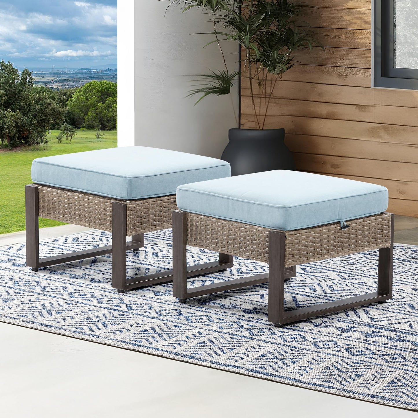 MeetLeisure Patio Metal Wicker Ottoman Set of 2, Outdoor PE Rattan Footstools with Removable Cushions & Metal Steel Framed Legs for Garden Backyard Porch Deck, Baby Blue