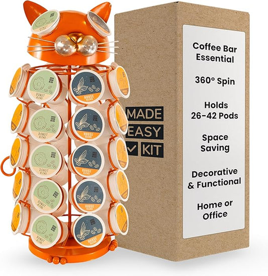 Made Easy Kit Carousel Coffee Pod Holder - Compatible with Keurig K-Pods K-Cups - Countertop 360 Spin Rack Storage Organizer - Revolving Base - Capsule Café Station Bar (Cat Orange, Large)