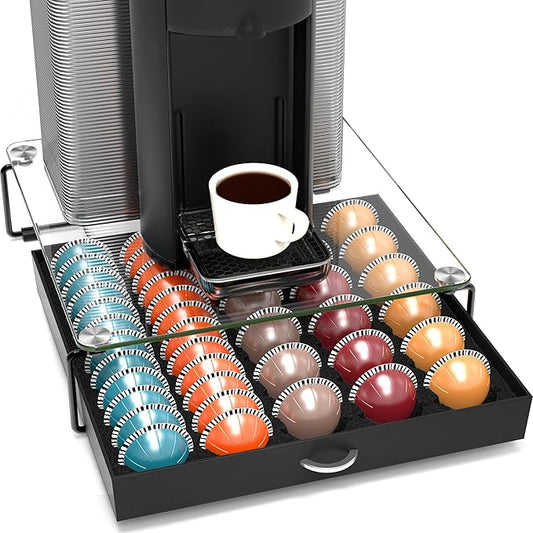 Deco Brothers Crystal Tempered Glass Vertuo Pod Holder Drawer, 30 Large or 60 Small Nespresso Capsule Organizer, Black
