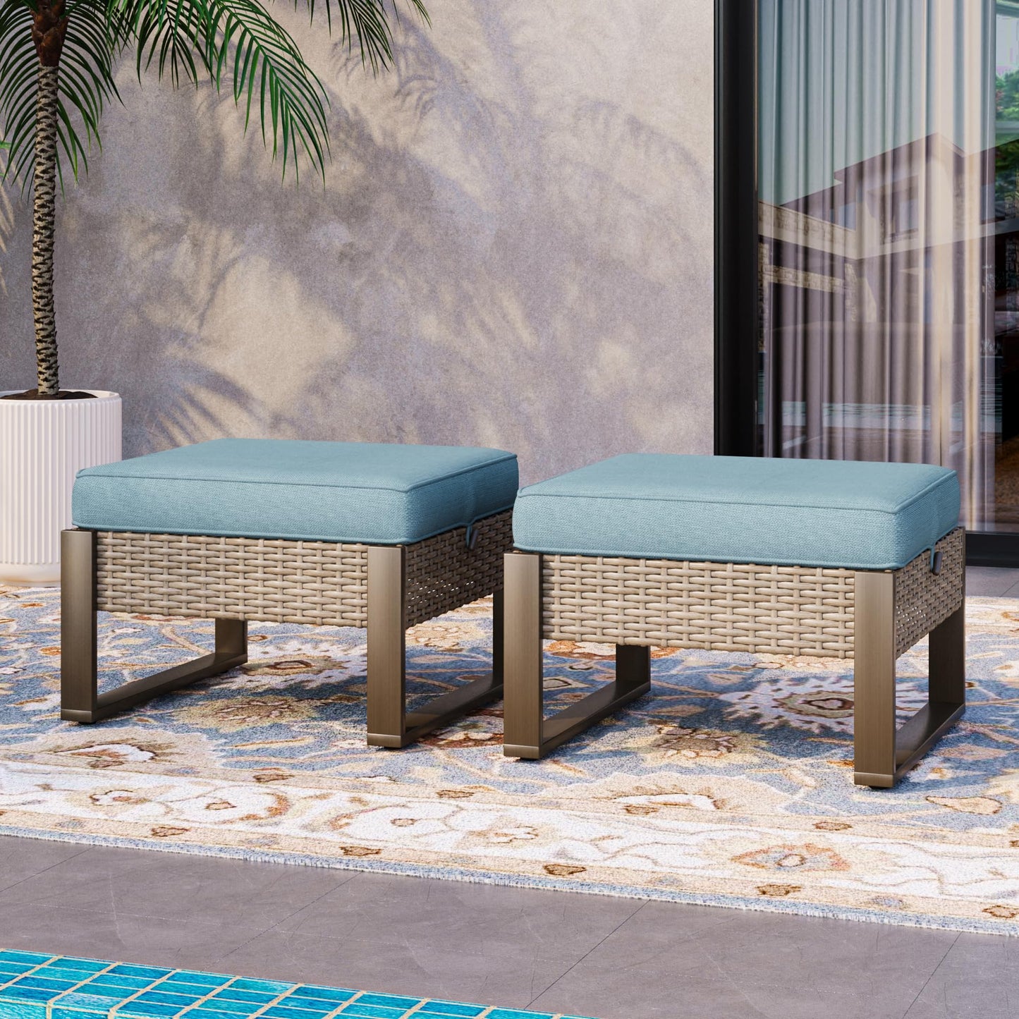 MeetLeisure Patio Metal Wicker Ottoman Set of 2, Outdoor PE Rattan Footstools with Removable Cushions & Metal Steel Framed Legs for Garden Backyard Porch Deck, Baby Blue
