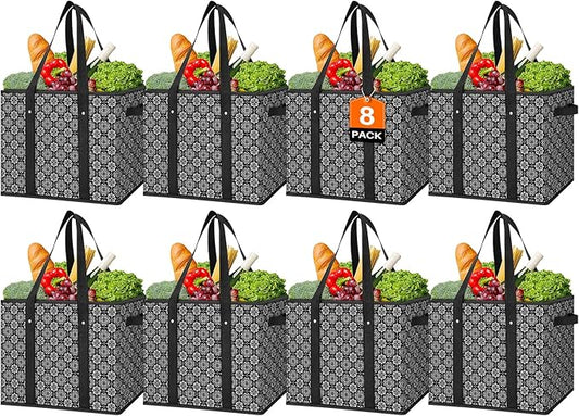 WISELIFE Reusable Grocery Bags 8 Pack,Large Grocery Tote Bag Water Resistant Shopping Bags Foldable Grocery Bag for Clothes,Shoes and Picnic,Black
