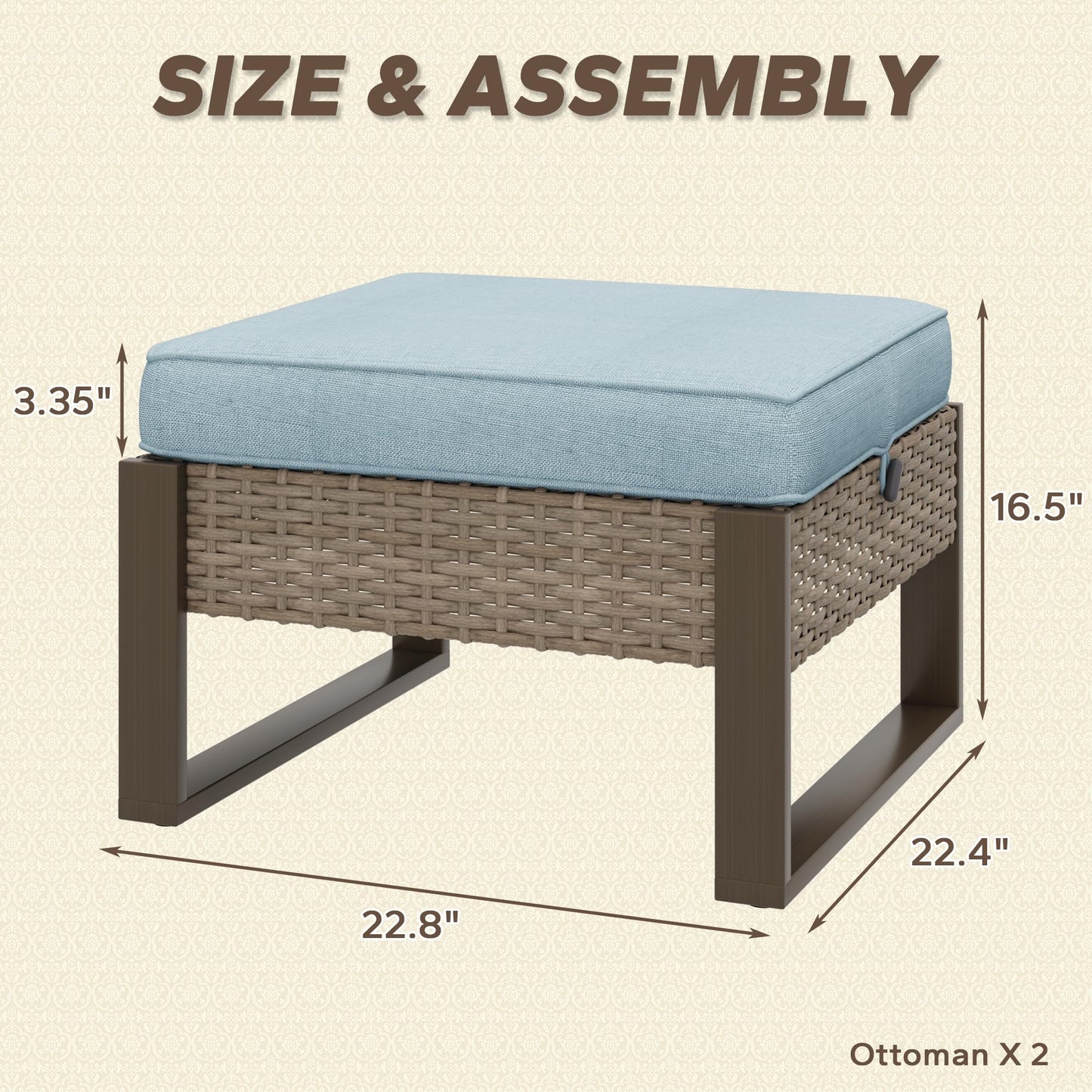 MeetLeisure Patio Metal Wicker Ottoman Set of 2, Outdoor PE Rattan Footstools with Removable Cushions & Metal Steel Framed Legs for Garden Backyard Porch Deck, Baby Blue