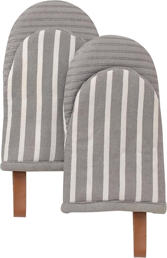 Folkulture Oven Mitts - Set of 2 (5.75"x9") | Gray Striped Oven Mitts with Hanging Loop for Cooking Gifts for Women, Kitchen Decor| 100% Cotton, Silicone Heat Resistant Mini Mitts, House Warming Gifts