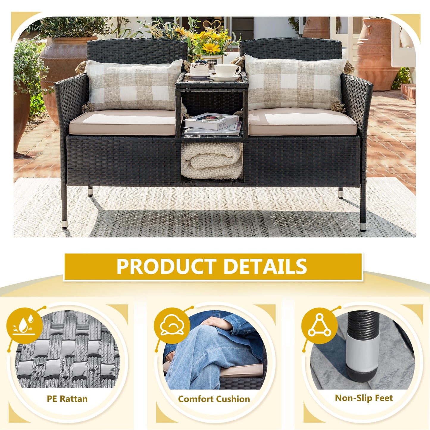 Devoko Outdoor Patio Loveseat Modern Rattan 2-Seat Patio Conversation Set with Cushions & Built-in Coffee Table Porch Furniture for Garden Lawn Backyard (Beige)