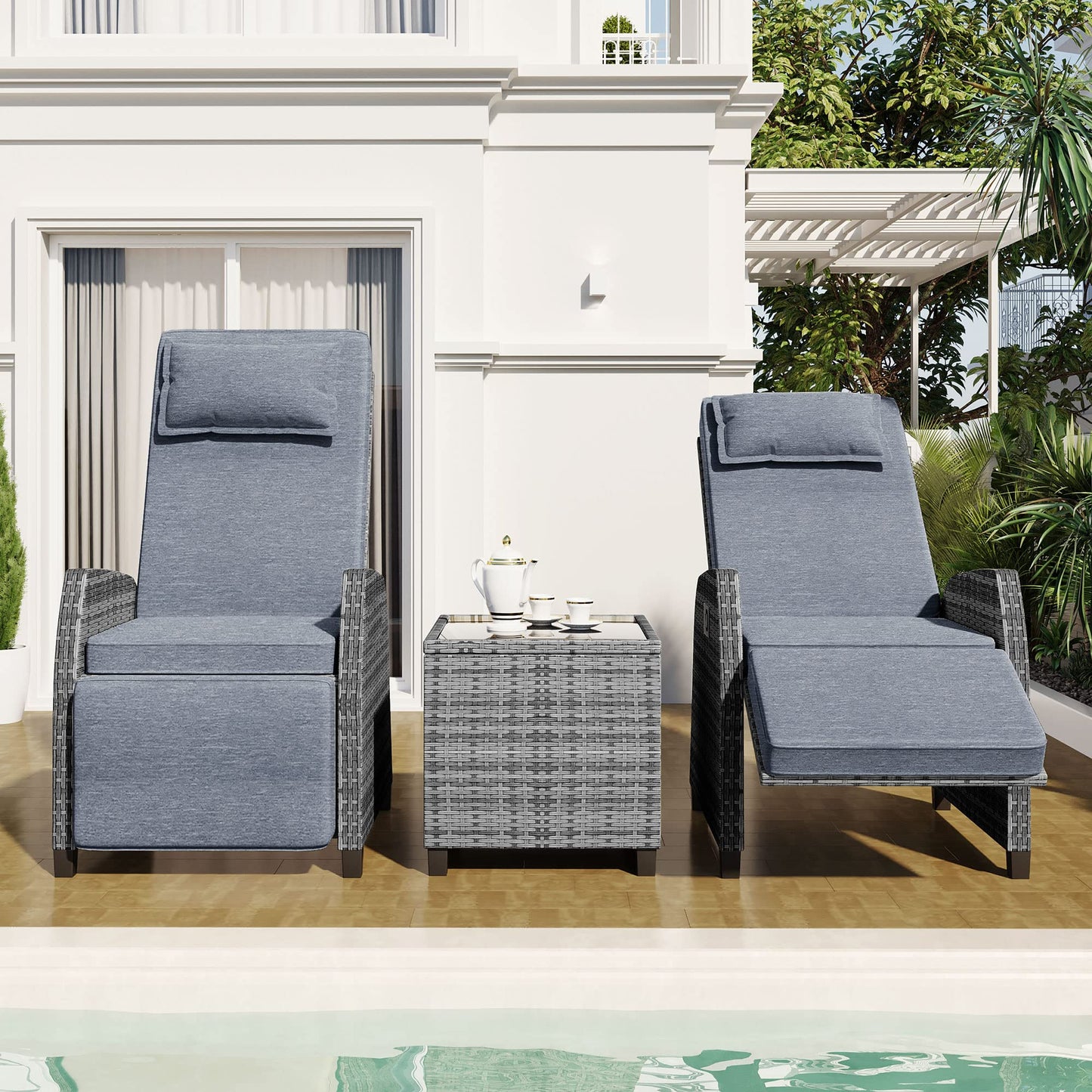 QKFF Outdoor Recliners Chair Set of 2 for Patio with Wicker Coffee Table, Comfort Cushion, Adjustable Angle Weatherproof Reclining Chairs for Courtyard, Swimming Pool, Balcony (Grey)