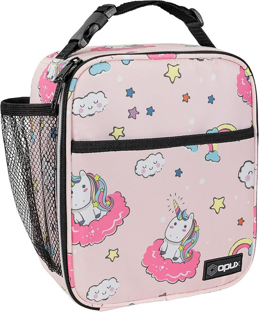 opux Premium Insulated Lunch Box, Soft School Lunch Bag for Kids Girls, Leakproof Small Lunch Pail Women Work, Reusable Compact Cooler Tote Lunchbox for Office, Pink Unicorn