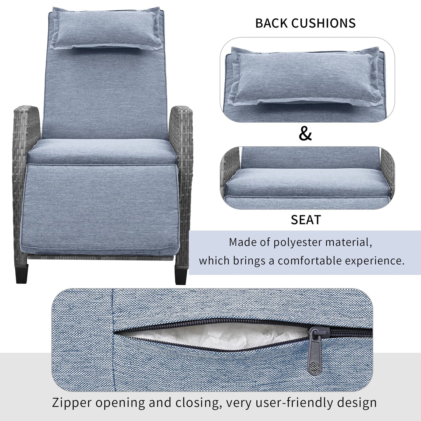 QKFF Outdoor Recliners Chair Set of 2 for Patio with Wicker Coffee Table, Comfort Cushion, Adjustable Angle Weatherproof Reclining Chairs for Courtyard, Swimming Pool, Balcony (Grey)