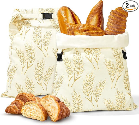 BuyCard Reusable Beeswax Food Storage Bags, Natural Cotton with Wheat Pattern, Large Size Zipper Bags for Homemade Bread Storage, 2 Pack