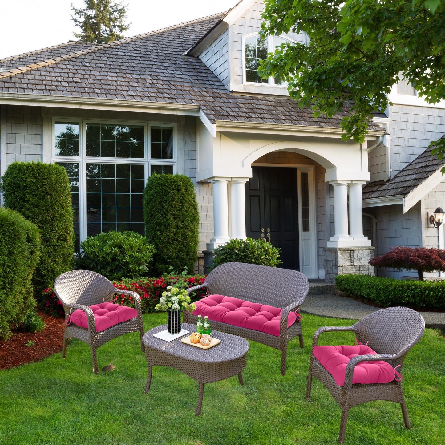 ADLIVWYD 3-Pieces Wicker Chair Cushion Set, 1 loveseat and 2 U-Shape, 44"x19" &19"x19" Tufted Outdoor Cushions for Indoor/Outdoor Patio Furniture (Pink)
