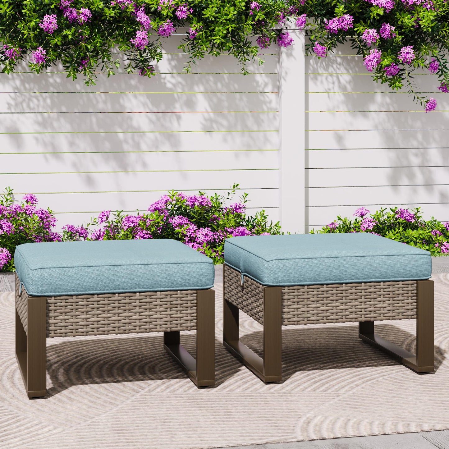 MeetLeisure Patio Metal Wicker Ottoman Set of 2, Outdoor PE Rattan Footstools with Removable Cushions & Metal Steel Framed Legs for Garden Backyard Porch Deck, Baby Blue