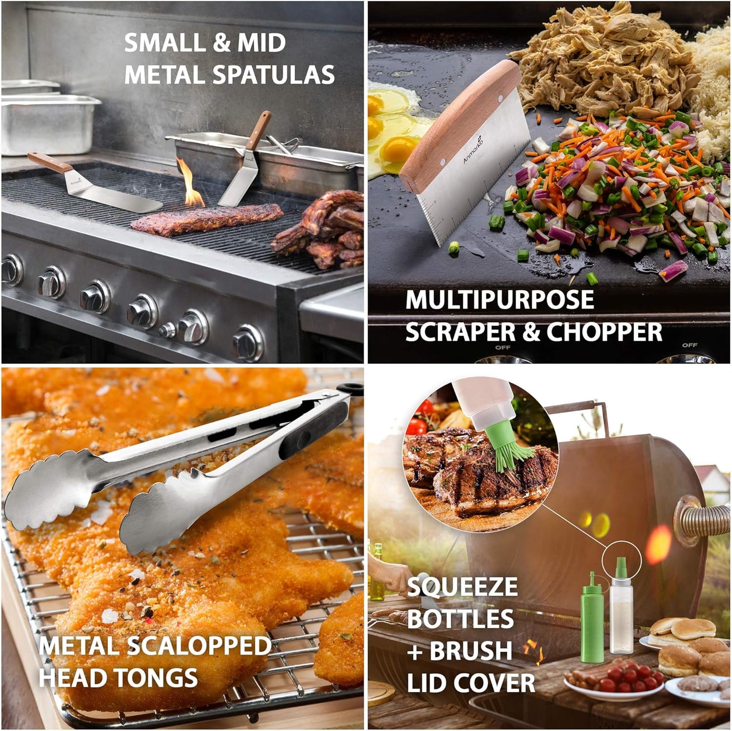 Metal Spatula Set Stainless Steel and Scraper - Professional Chef Griddle Spatulas Set of 6 - Heavy Duty Accessories Great for Cast Iron BBQ Flat Top Grill Skillet Pan