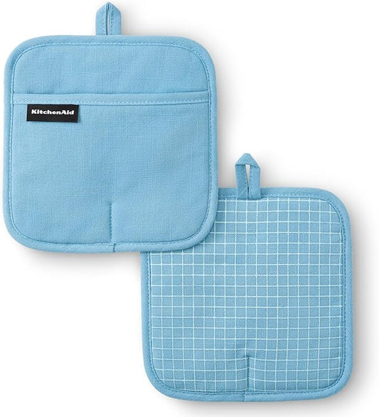 KITCHENAID Gourmet Series Gridlines Pot Holders 2-Pack Set, Heat Resistant up to 600°F, Soft Silicone Grip, Magnetic Cuff, Blue Velvet, 8"x8"