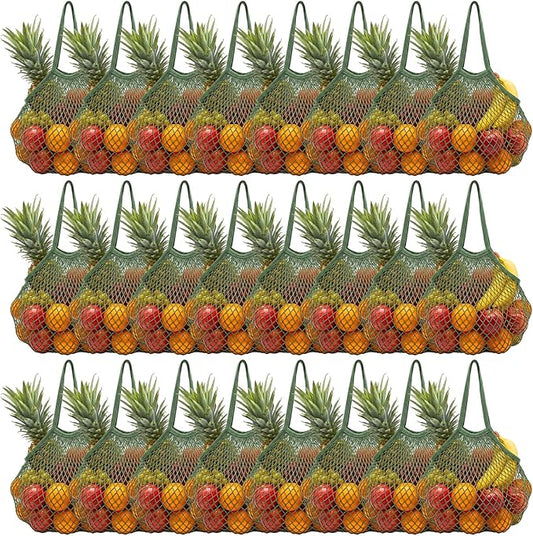 Woanger 24 Pcs Reusable Cotton Mesh Produce Shopping Bags Long Handle Washable Grocery Net Portable Fruit and Vegetable Cotton String Bags Green Net Tote Organizer