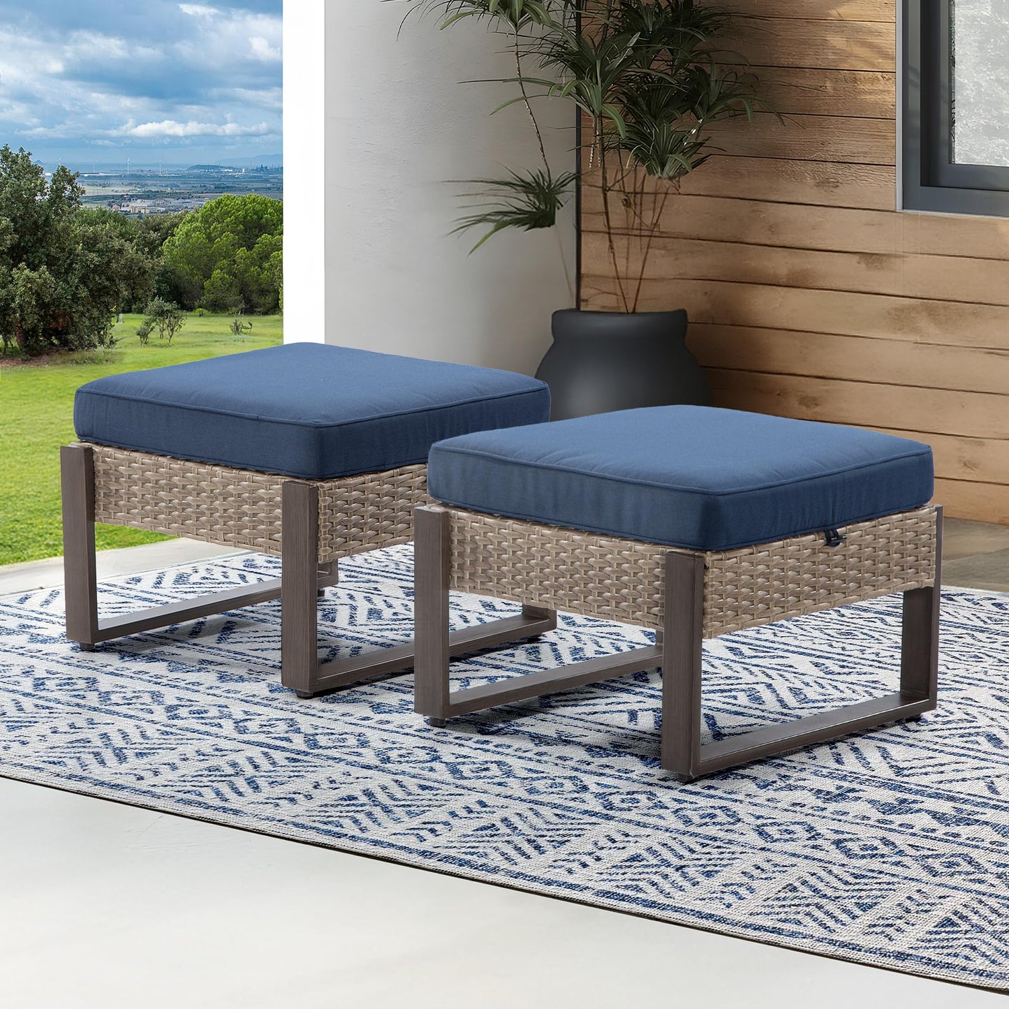 MeetLeisure Patio Metal Wicker Ottoman Set of 2, Outdoor PE Rattan Footstools with Removable Cushions & Wood-Looking Metal Steel Framed Legs for Garden Backyard Porch Deck, Dark Blue