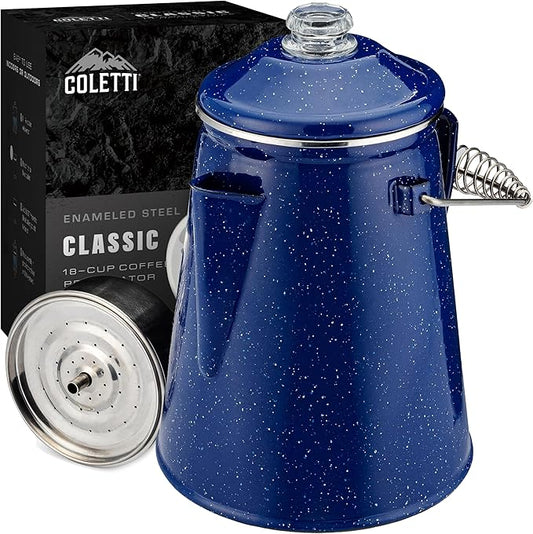 COLETTI Classic Percolator Coffee Pot — The Most Nostalgic Camping Coffee Pot, Now Modernized [Blue Enamel, 18 Cup]