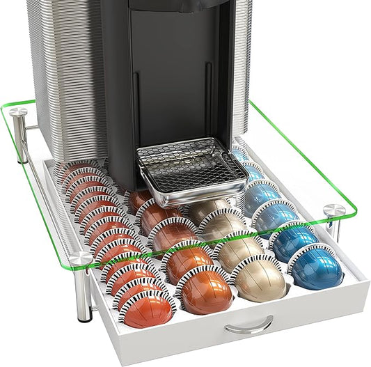 DecoBrothers Crystal Tempered Glass Vertuo Pod Holder Drawer, 28 Large or 56 Small Nespresso Capsule Organizer, White