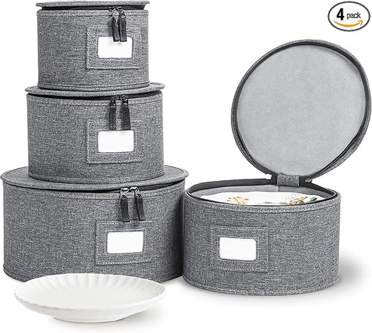 storageLAB China Storage Containers, Hard Shell Case with Felt Dividers for Charger Plates, and Dishes, Ideal for Kitchen Organization, Moving Supplies, and Fine China Storage - 4-Piece Set, Gray