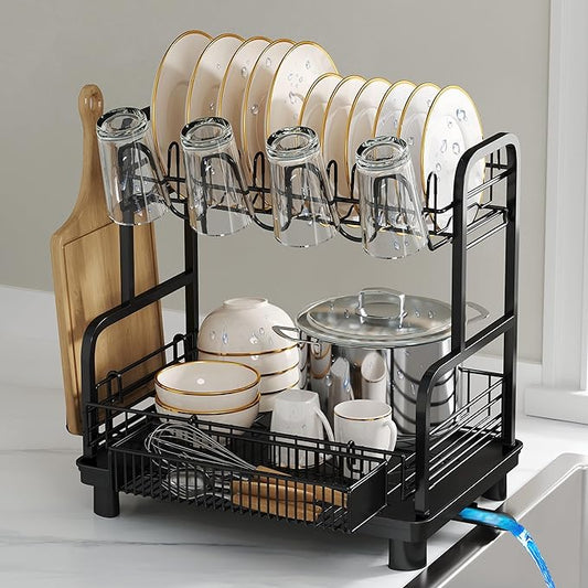 romision 2 Tier Compact Stainless Steel Dish Drainers Drying Rack for Kitchen Counter, Space Saving, Rust Proof Plate Strainers Holder On Countertop with Drainboard, Modern Black, Small