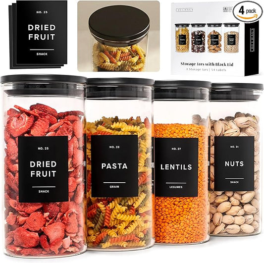 EDELHAUS Glass Storage Containers with Black Lids [4x40oz] Extra Thick Glas with 54 Labels - Canister For Pantry Noodles Flour Cereal Rice Sugar Tea Coffee Beans - Round Set