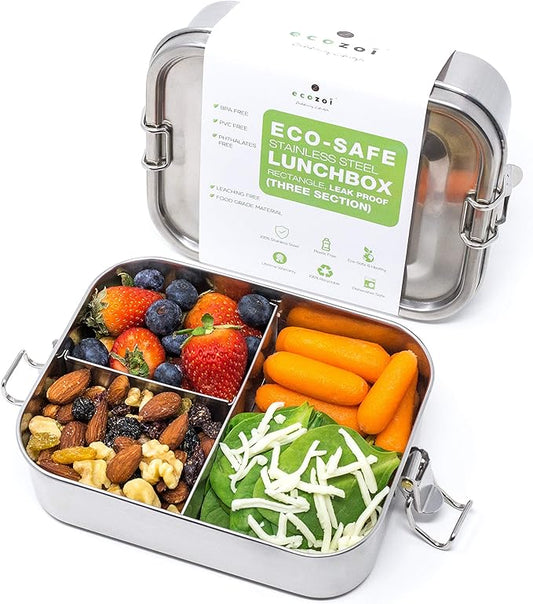 ecozoi Stainless Steel Lunch Box, 1-Tier Metal Bento Box Leak Proof with 5 Compartments, 50 Oz Metal Lunch Container, Meal Prep Food Container, with 50 ml Sauce Container