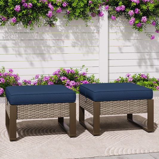 MeetLeisure Patio Metal Wicker Ottoman Set of 2, Outdoor PE Rattan Footstools with Removable Cushions & Wood-Looking Metal Steel Framed Legs for Garden Backyard Porch Deck, Dark Blue