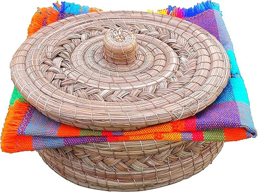 Authentic Mexican Tortilla Warmer Basket - Pine Needle Handwoven with Handloomed Cloth (Natural 9" w cloth)