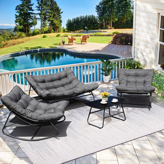 NOBLEMOOD 4 Pieces Patio Loveseat Set with Coffee Table, Outdoor Furniture Set with 2 Rocking Chairs, Outdoor Metal Conversation Set with Cushions, Oversized Rocker Chair, Coffee Table for Porch