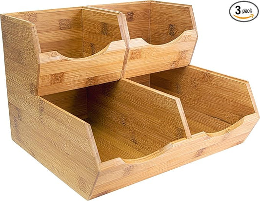 HOMESTEAD Bamboo Pantry Storage Bins – Potato & Onion Storage Bin for Pantry Organizers, Produce Organizer Set of 3 – Slide out Bin Access