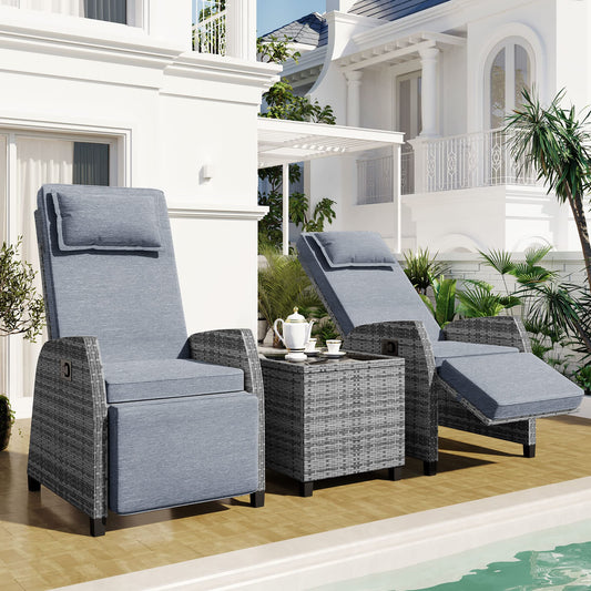 QKFF Outdoor Recliners Chair Set of 2 for Patio with Wicker Coffee Table, Comfort Cushion, Adjustable Angle Weatherproof Reclining Chairs for Courtyard, Swimming Pool, Balcony (Grey)