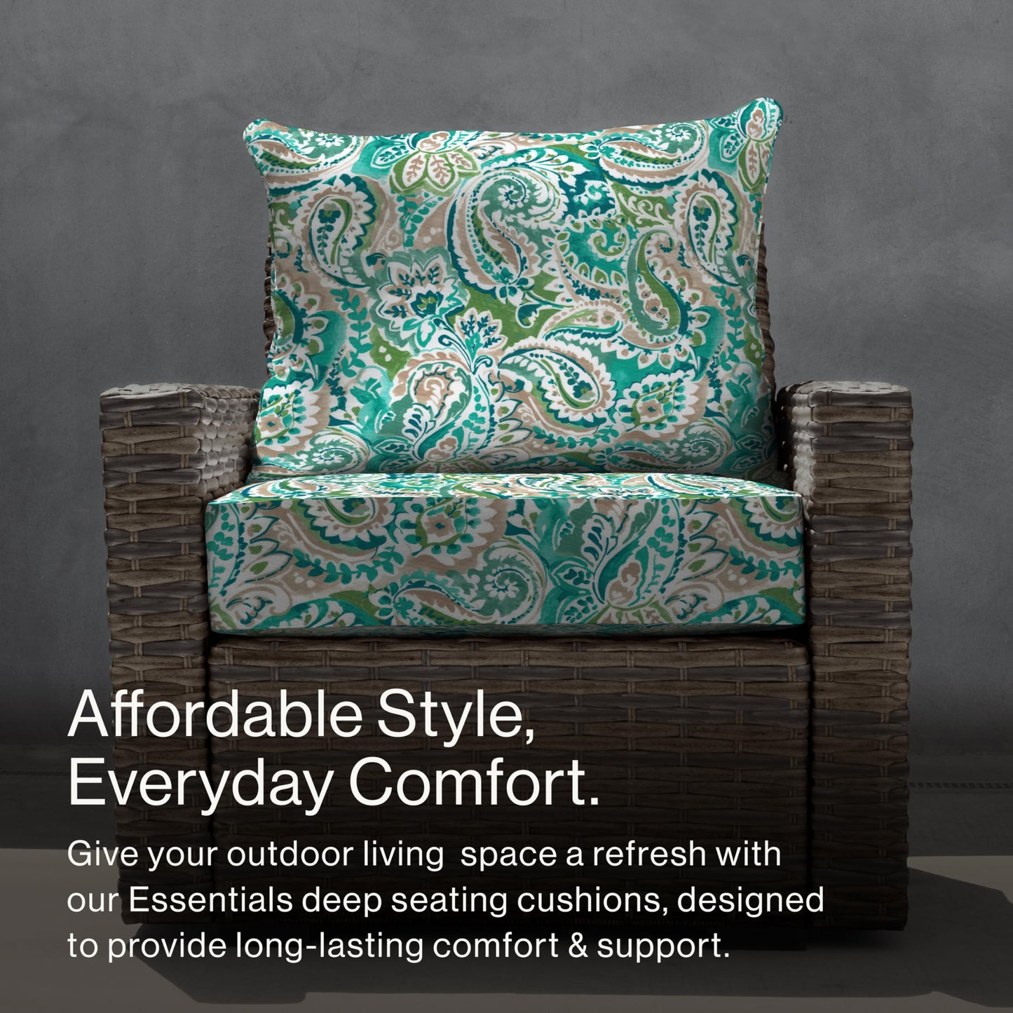 Honeycomb Outdoor Essentials Deep Seat, 24 x 24, Geneva Paisley Turquoise Chair Cushion for Patio Furniture