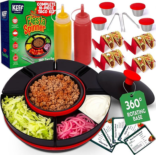 KEFF Taco Tuesday Kit - Taco Bar Serving Set for a Party, Lazy Susan Serving Dish 6 Sections, 4 Tacos Holder, Condiment Containers, Squeeze Bottles, Tongs, Recipes & Instructions - Tailgate Essentials