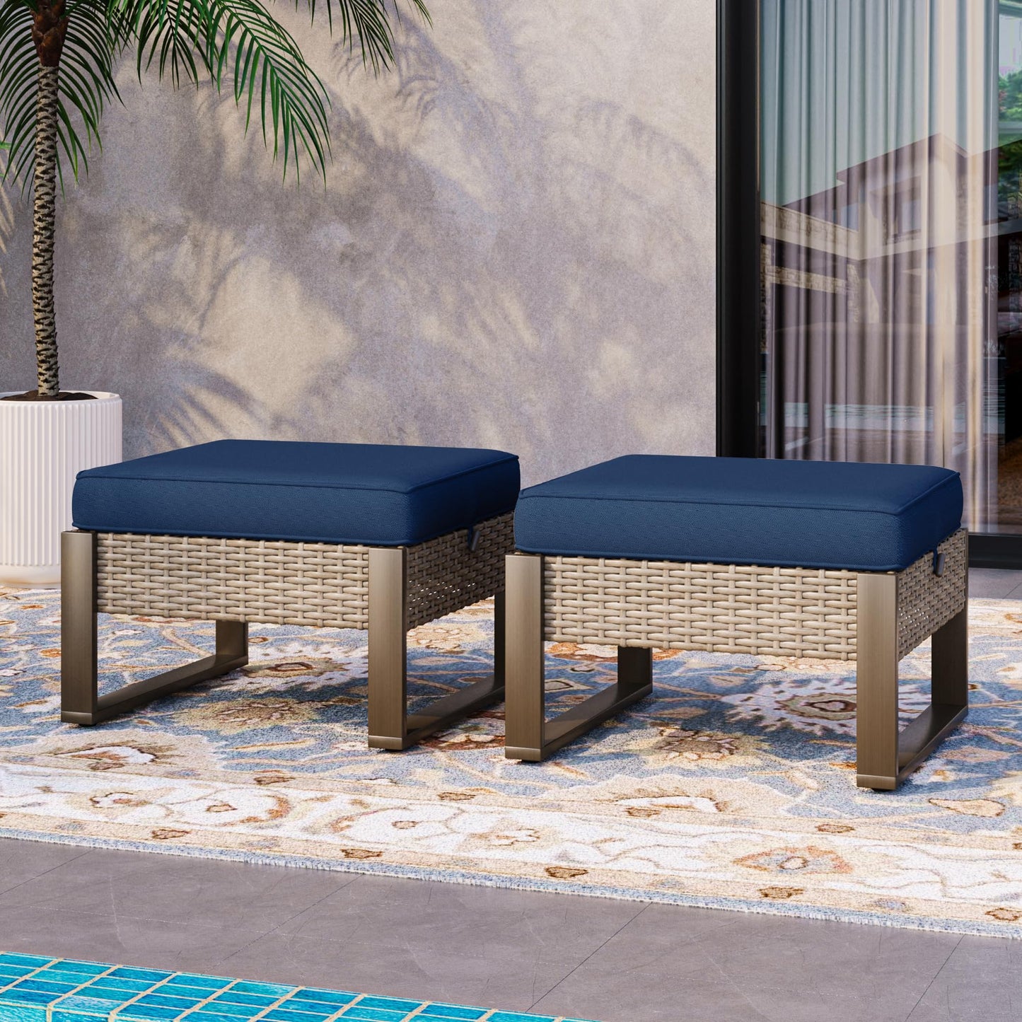 MeetLeisure Patio Metal Wicker Ottoman Set of 2, Outdoor PE Rattan Footstools with Removable Cushions & Wood-Looking Metal Steel Framed Legs for Garden Backyard Porch Deck, Dark Blue