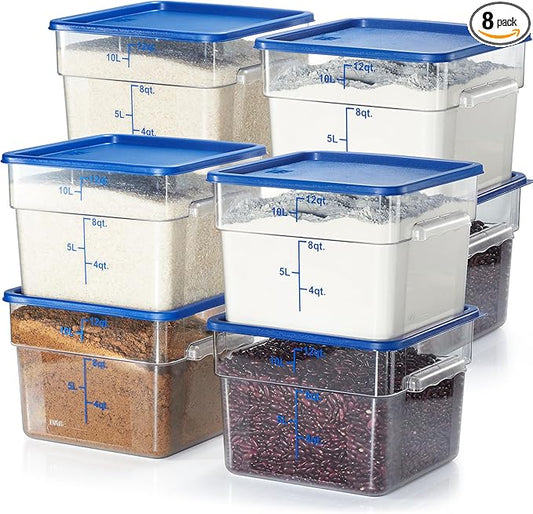 CURTA 8-Pack 12 Qt NSF Clear Polycarbonate Food Storage Containers with Blue Lids - Square, Commercial-Grade, Freezer & Dishwasher Safe, Stackable