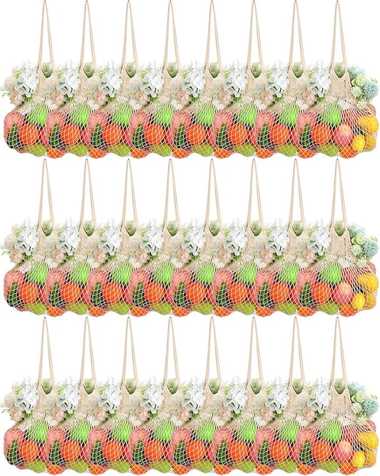 Woanger 24 Pcs Reusable Cotton Mesh Produce Shopping Bags Long Handle Washable Grocery Net Portable Fruit and Vegetable Cotton String Bags Beige Net Tote Organizer