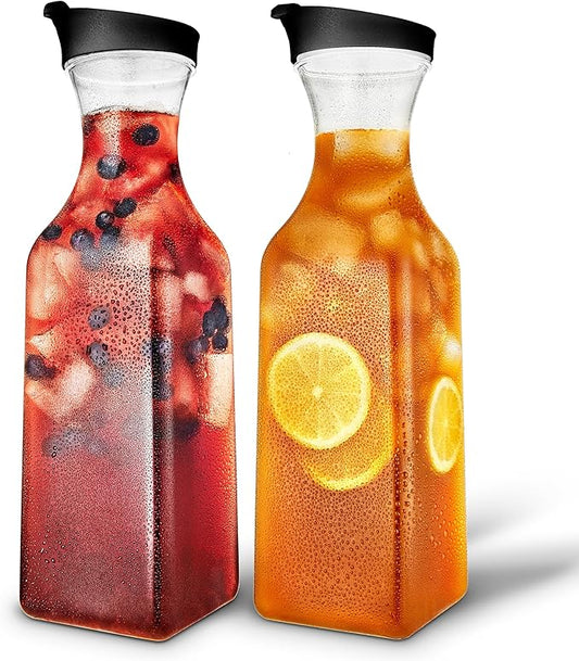 50oz Plastic Juice Carafe with Black Lids (2 Pack) 50 oz Carafes for Mimosa Bar, Drink Pitcher with Lid, Milk Container, Clear Beverage Containers for Fridge, Pantry Storage, Square Pitchers