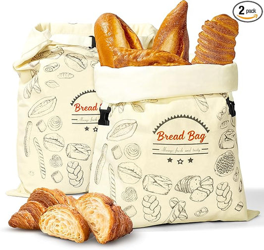 BuyCard 2 Packs Bread Bag Reusable Beeswax Food Storage Bag, Natural Cotton with Bread Pattern Design, Zipper Reusable Bread Bags for Homemade Loaf, Large Size for Fresh Baked Goods Storage