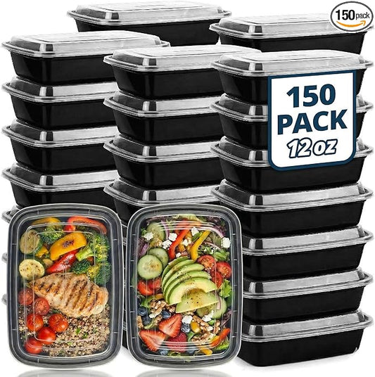 Tiya Meal Prep Containers with Lids - 150 Pack 12 oz BPA-Free Plastic Food Storage Containers Leak-Proof, Microwave, Dishwasher & Freezer Safe Reusable To-Go Boxes for Portion Control & Catering