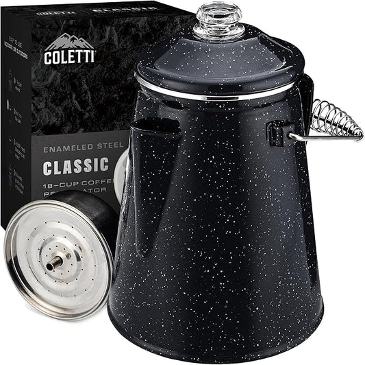 COLETTI Classic Percolator Coffee Pot — The Most Nostalgic Camping Coffee Pot, Now Modernized [Black Enamel, 18 Cup]