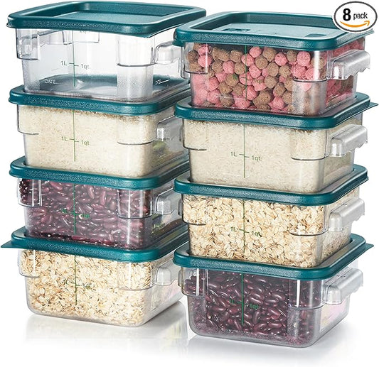 CURTA 8-Pack 2 Qt NSF Clear Polycarbonate Food Storage Containers with Green Lids - Square, Commercial-Grade, Freezer & Dishwasher Safe, Stackable