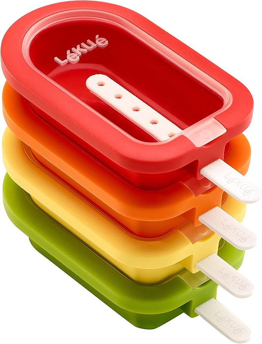 Lékué Set of 4 Stackable Popsicle Molds + Sticks & Lids | Homemade Freezer Ice Pops & Frozen Snacks | Flexible Platinum Silicone for Easy Fill & Unmold | Reusable & Dishwasher Safe| Multicolor