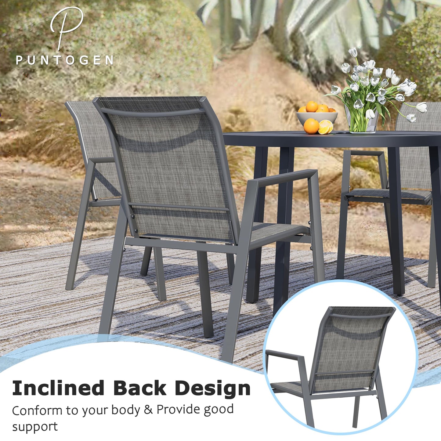 Puntogen Stackable Patio Chairs Set of 2, Outdoor Dining Chairs with High Back & Metal Frame, Lightweight Sling Chair for Lawn Garden Deck, Grey