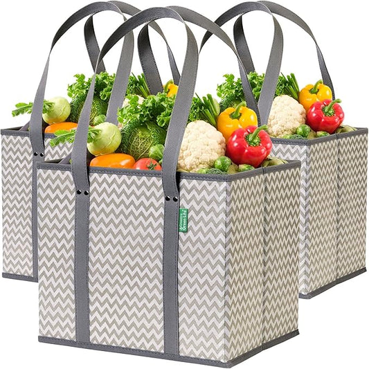 Reusable Grocery Bags (3 Pack) – Heavy Duty Reusable Shopping Bags with Box Shape to Stand Up and Stay Open – Large Tote Bags with Long Handles & Reinforced Bottom – Foldable Utility Bag – Chevron