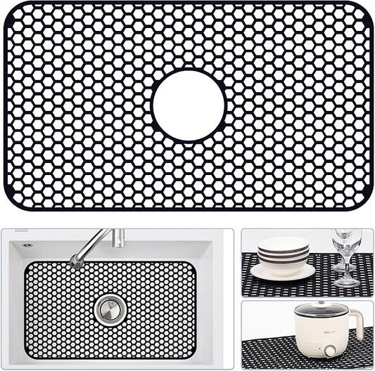 Bestjing Silicone Sink Protectors for Kitchen Sink with Center Drain, 26"x 14" Kitchen Grid Accessory, Non-Slip Heat-Resistant Mat for Bottom of Farmhouse Porcelain Stainless Steel (Center Hole,Black)
