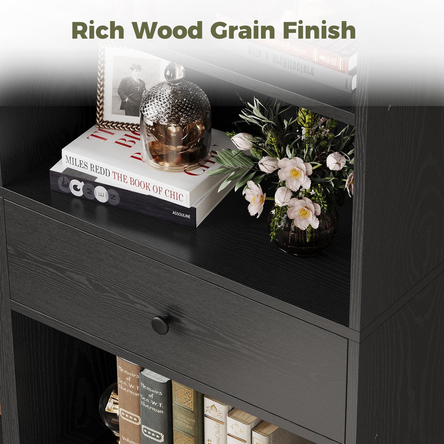 IRONCK Bookcase and Bookshelves, 70" Tall Bookshelf Floor Standing 6 Tiers Display Storage Shelves, Book Shelf with Drawers for Home Office, Living Room, Bedroom, Library, Black