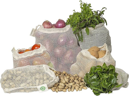 Reusable Mesh Vegetable Bags of 100% Organic Cotton - 6 Pieces Perfect Net Produce Bags - Eco-friendly, Bio-degradable & Washable Fruit, Vegetable & Produce Sacks (3 Medium, 3 Small)
