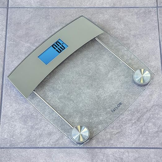 Taylor Digital Scales for Body Weight, Extra Highly Accurate 440 LB Capacity, Unique Blue LCD, Stainless Steel Accents GlassPlatform, 12.4 x 12.4 Inches, Clear